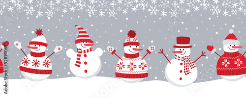 snowmen rejoice in winter holidays. Seamless border. Christmas background. Five different snowmen in red winter clothes under the snow. template for a greeting card. Vector illustration