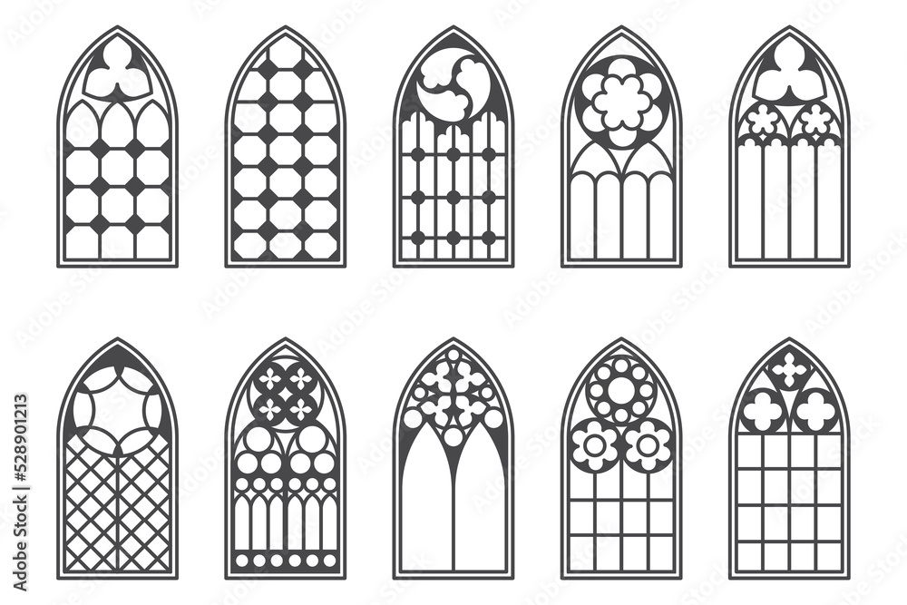 Church medieval windows set. Old gothic style architecture elements ...