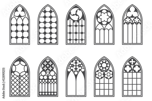 Church medieval windows set. Old gothic style architecture elements. Vector outline illustration on white background.