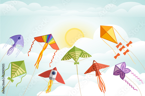 Group of kite soars in the sky flying colored toy vector illustration with cloudy morning sky on background