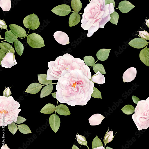 Hand drawn watercolor seamless pattern with pink rose flowers.