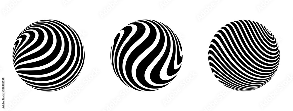 Optical illusion in the shape of distorted sphere. Abstract vector background with black and white lines. Pattern distorted textures. Optical illusion in the shape of distorted sphere. Abstract vector background with black and white lines. Pattern distorted textures.