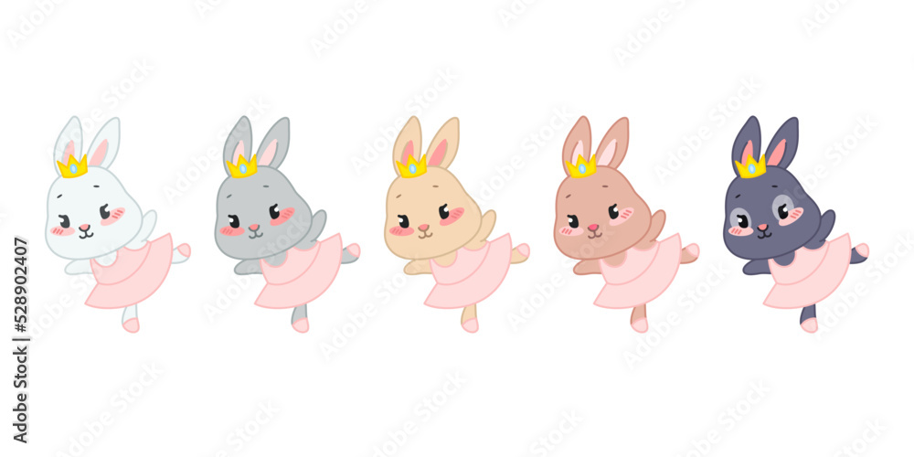 Naklejka premium Set of cute ballet dancing bunnies. Flat cartoon illustrations of a little rabbit ballerinas wearing pink dresses and crowns isolated on a white background. Vector 10 EPS.