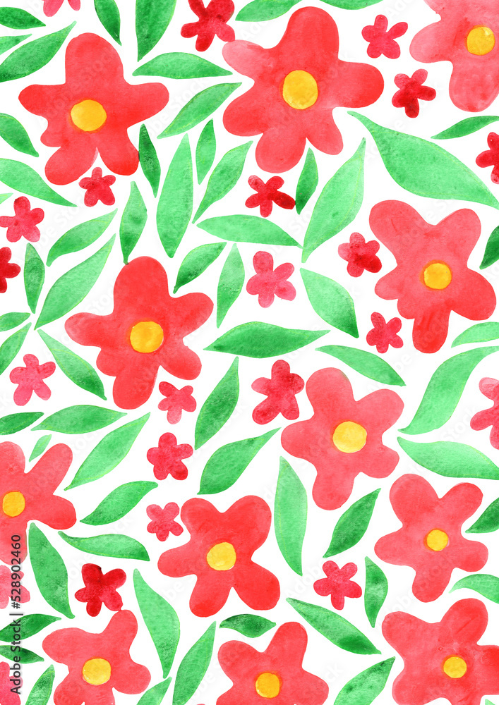 Abstract red flower and green leaves watercolor background for decoration on summer garden and natural concept. Abstract red flower and green leaves watercolor background for decoration on summer garden and natural concept.