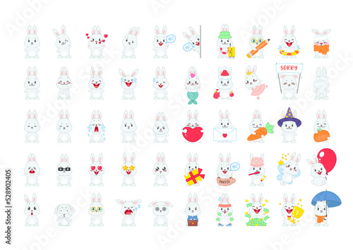 Cute bunny sticker set. 50 flat cartoon illustrations of little gray rabbits isolated on a white background. Vector 10 EPS.