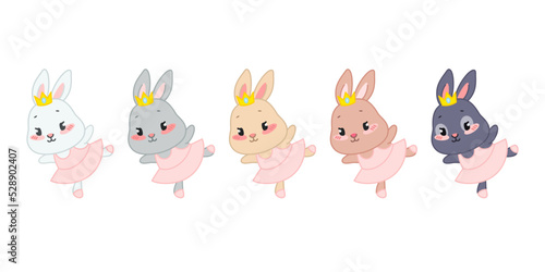 Set of cute ballet dancing bunnies. Flat cartoon illustrations of a little rabbit ballerinas wearing pink dresses and crowns isolated on a white background. Vector 10 EPS.