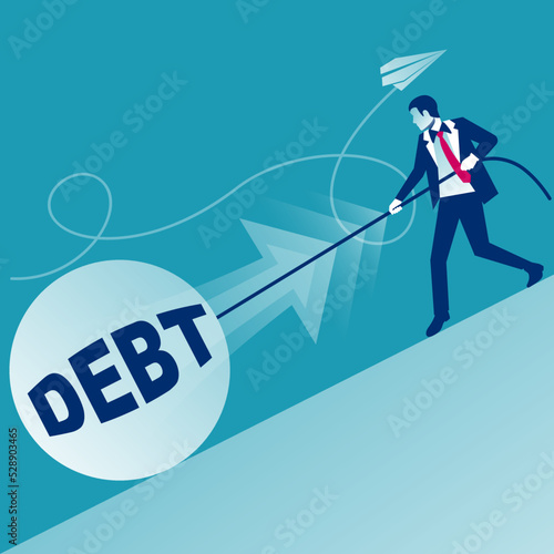 Debt concept. Businessman pushes big debt. Financial crisis, economic depression, crash financial. Vector illustration flat design. Isolated on background. Cartoon business people.