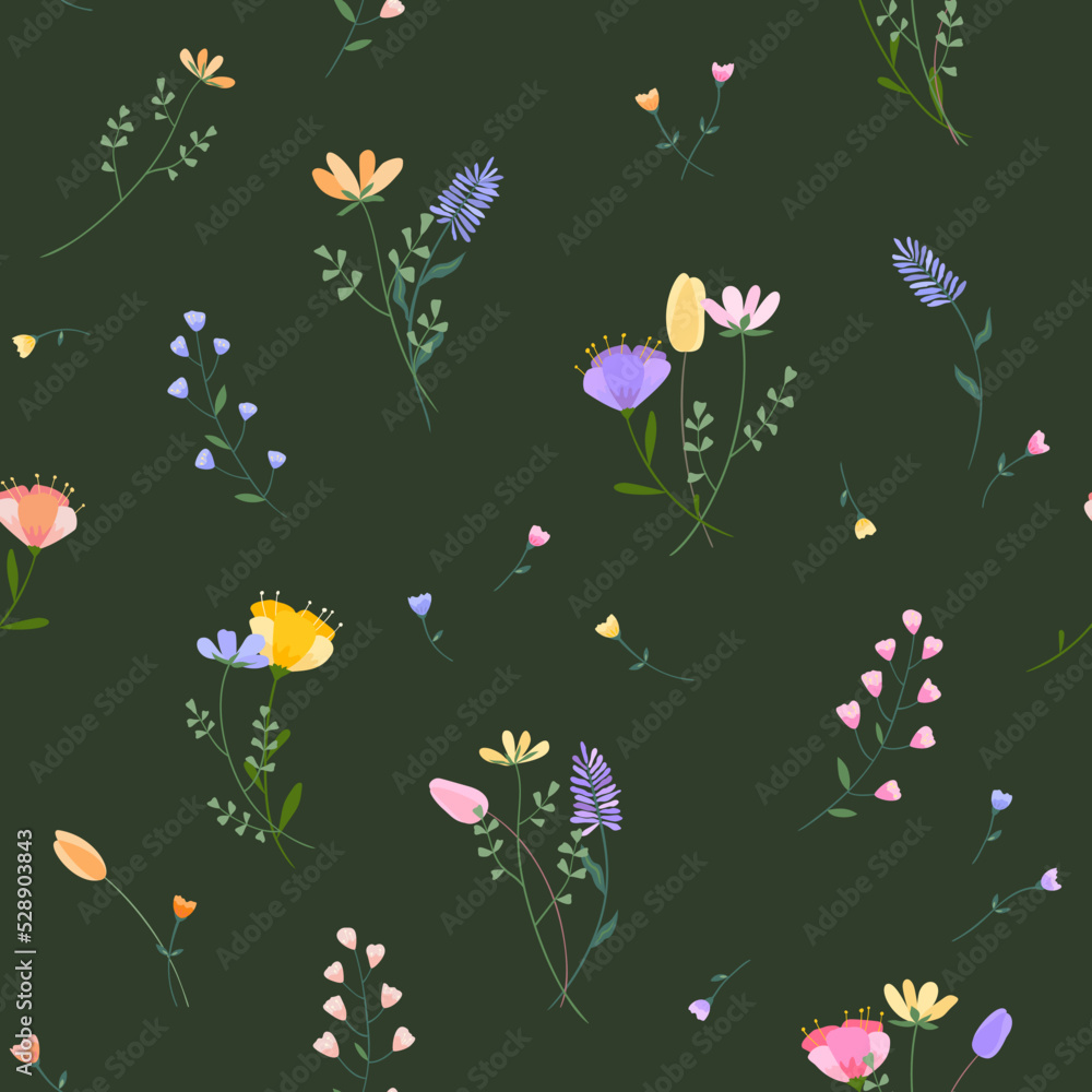 Vector floral seamless pattern. Set of leaves, wildflowers, twigs, floral arrangements. Beautiful compositions of field grass and bright spring flowers on dark green background.
