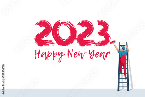 Happy New Year. Human on ladders are holding roll brushes and writing the number 2023. Snow background. Brush numbers. Vector illustration flat design.