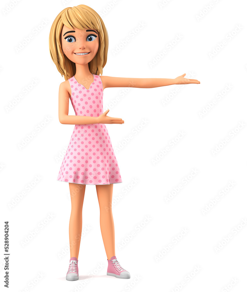 Girl cartoon character in a pink dress isolated on a white background points to an empty space with her hands. 3D rendering illustration. Girl cartoon character in a pink dress isolated on a white background points to an empty space with her hands. 3D rendering illustration.