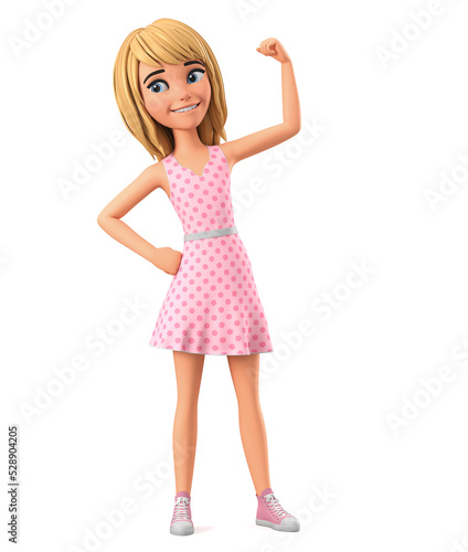 Girl cartoon character in pink dress isolated on white background with raised hand. 3D rendering illustration.