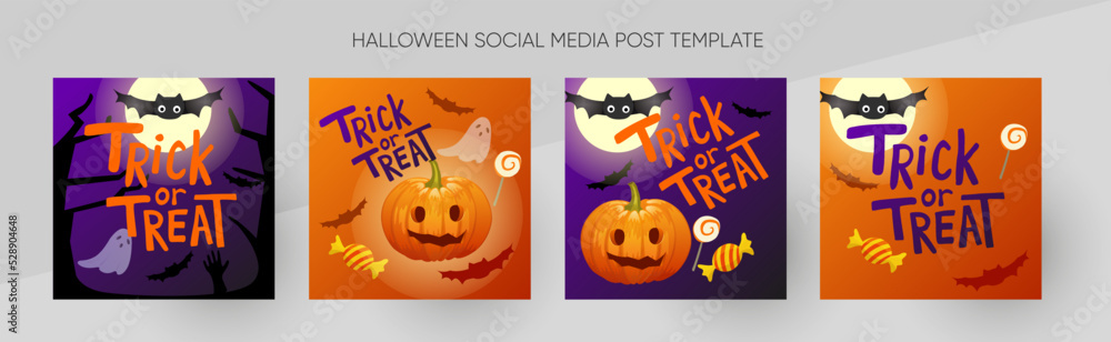 Halloween social media post vector template set. Trick or treat with candy, pumpkin and bats on dark violet background. Spooky vector illustration.