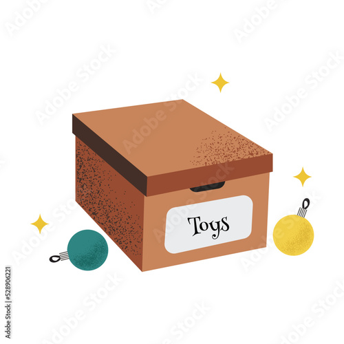 Hand drawn carton box with christmas ornaments toys, vector illustration in flat style, isolated on white background