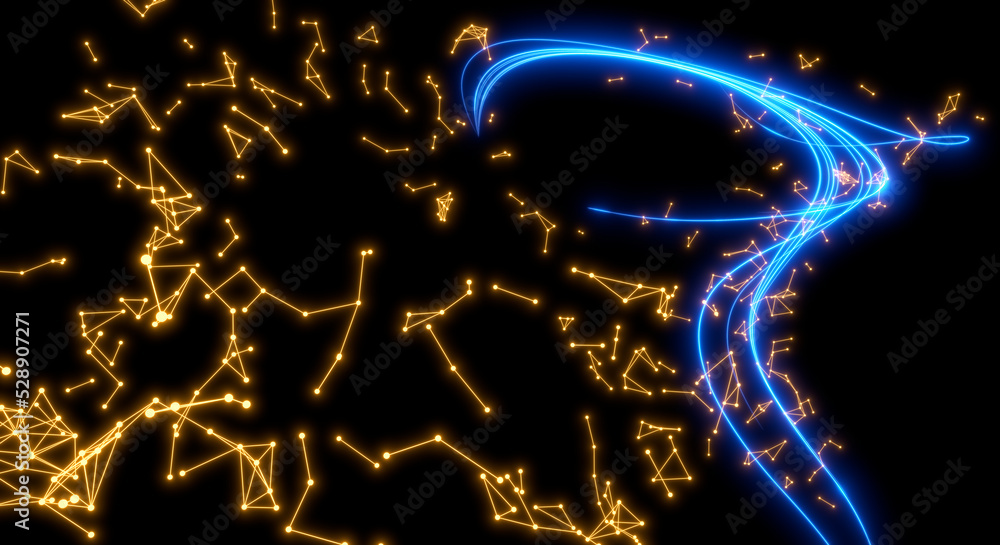 Abstract background. Beautiful colored lines. Magic sparks. Neon swirls. Glow effect. High tech. Sci Fi technology art.