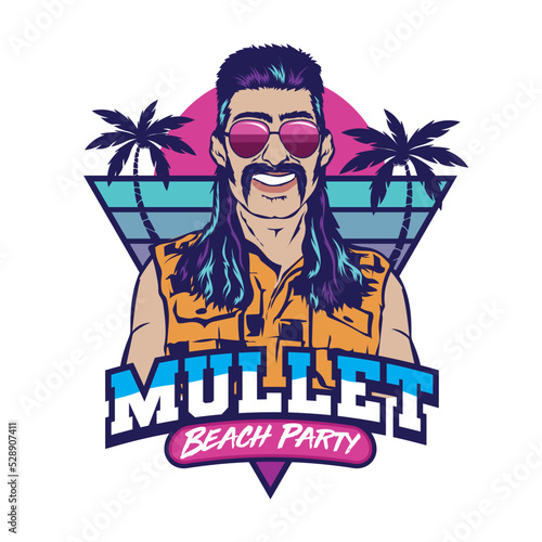 A man with mullet hair style and red neck shirt in retro style, good for club logo and tshirt design
