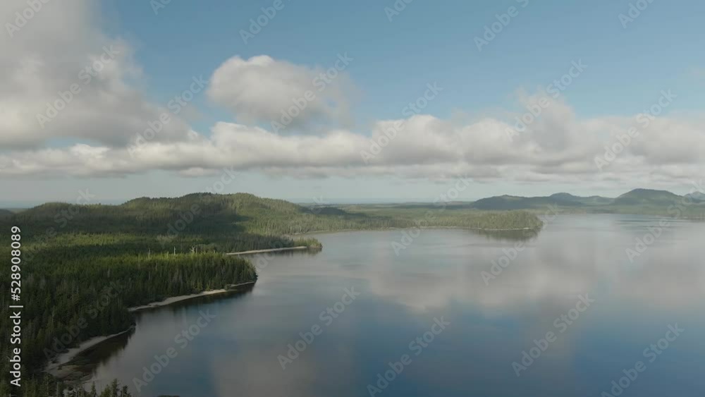 Sandy beach on the lake with green trees. Canadian Nature Background. Aerial View from Above. Kennedy Lake in Vancouver Island near Tofino and Ucluelet, British Columbia, Canada. Sandy beach on the lake with green trees. Canadian Nature Background. Aerial View from Above. Kennedy Lake in Vancouver Island near Tofino and Ucluelet, British Columbia, Canada.