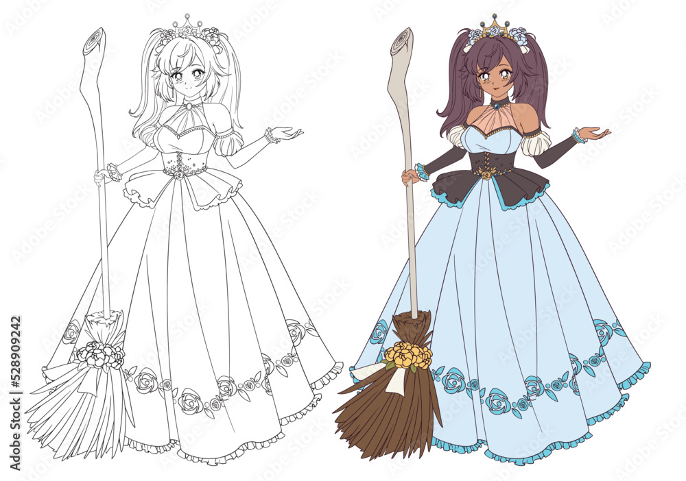 Fototapeta premium Cute anime princess holding broom.
