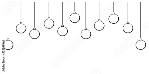 Vector Christmas and New Year background with Hanging simple outline xmas balls, isolated. Holiday backdrop in doodle style. Template for kids creativity