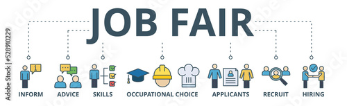 Job fair banner web icon vector illustration concept for employee recruitment and onboarding program with an icon of the information, advice, skills, occupational, applicants, recruit, and hiring