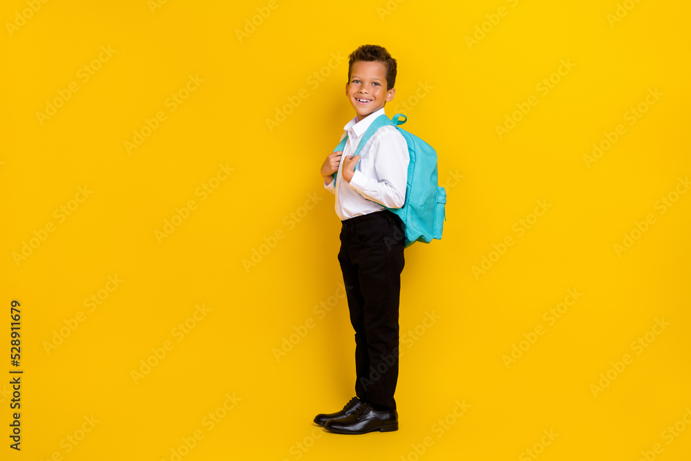 Full body profile portrait of cheerful positive boy carry backpack isolated on yellow color background Full body profile portrait of cheerful positive boy carry backpack isolated on yellow color background
