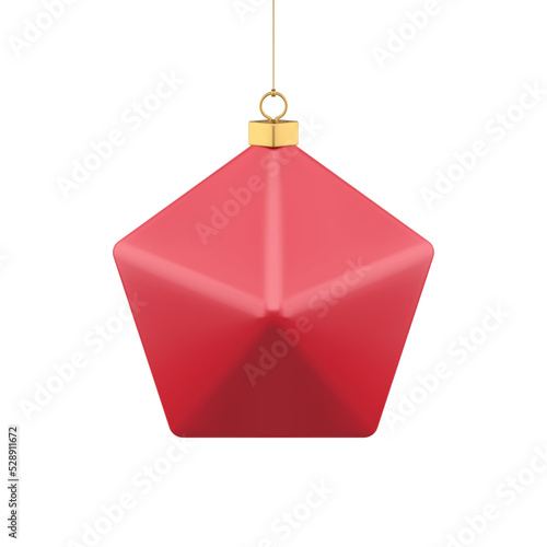 Realistic abstract red star shape polygon Christmas tree hanged toy golden metallic thread vector