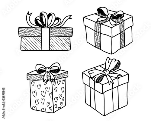 Gift boxes, presents vector icon set. Hand drawn doodle collection isolated on white.