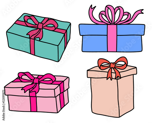 set of colorful gift box with colored doodle or hand drawn style. vector illustration