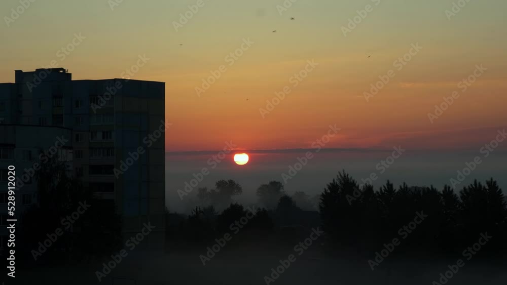 unusual dawn over the city, dawn over the private sector, milky fog at dawn unusual dawn over the city, dawn over the private sector, milky fog at dawn