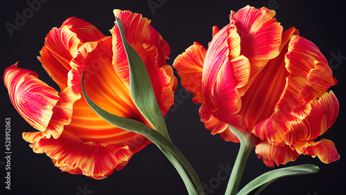 Styled tulip flowers on dark background. Print, wallpaper, modern textile design, wrapping paper. 