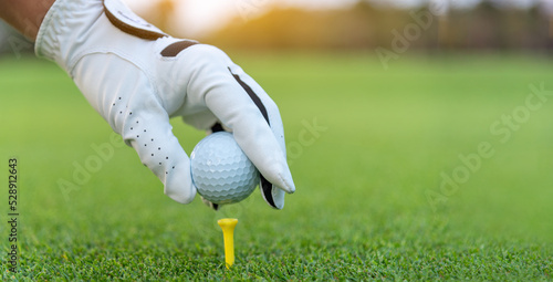 golfer showing golf ball in hand holding ,green grass golf course blur background sunlight. 