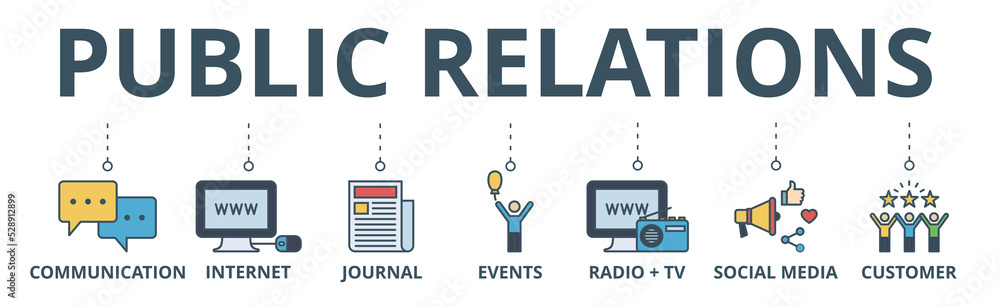 Public relations - pr banner web icon vector illustration concept with icon of communication, internet, journal, events, radio, tv, social media, and customer Public relations - pr banner web icon vector illustration concept with icon of communication, internet, journal, events, radio, tv, social media, and customer