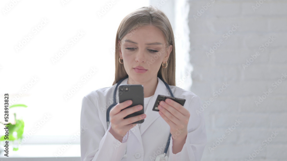 Portrait of Lady Doctor making Successful Online Payment on Smartphone Portrait of Lady Doctor making Successful Online Payment on Smartphone