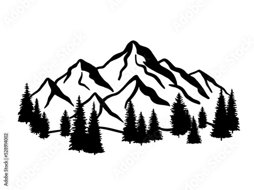 Mountain ranges and tree sketch. Vector illustration isolated on white background. Doodle drawing landscape
