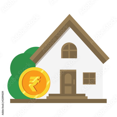 Vector flat house including rupee symbol. Real estate in India. Rupee coin with house in India isolated on white. Mortage, sold buy house. Simple house with money	
