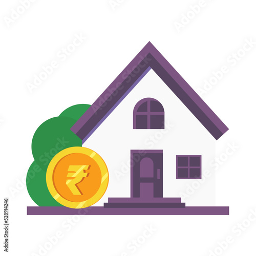 Vector elements of City and Town Buildings, including rupee symbol. Real estate in India. Rupee coin with house in India isolated on white