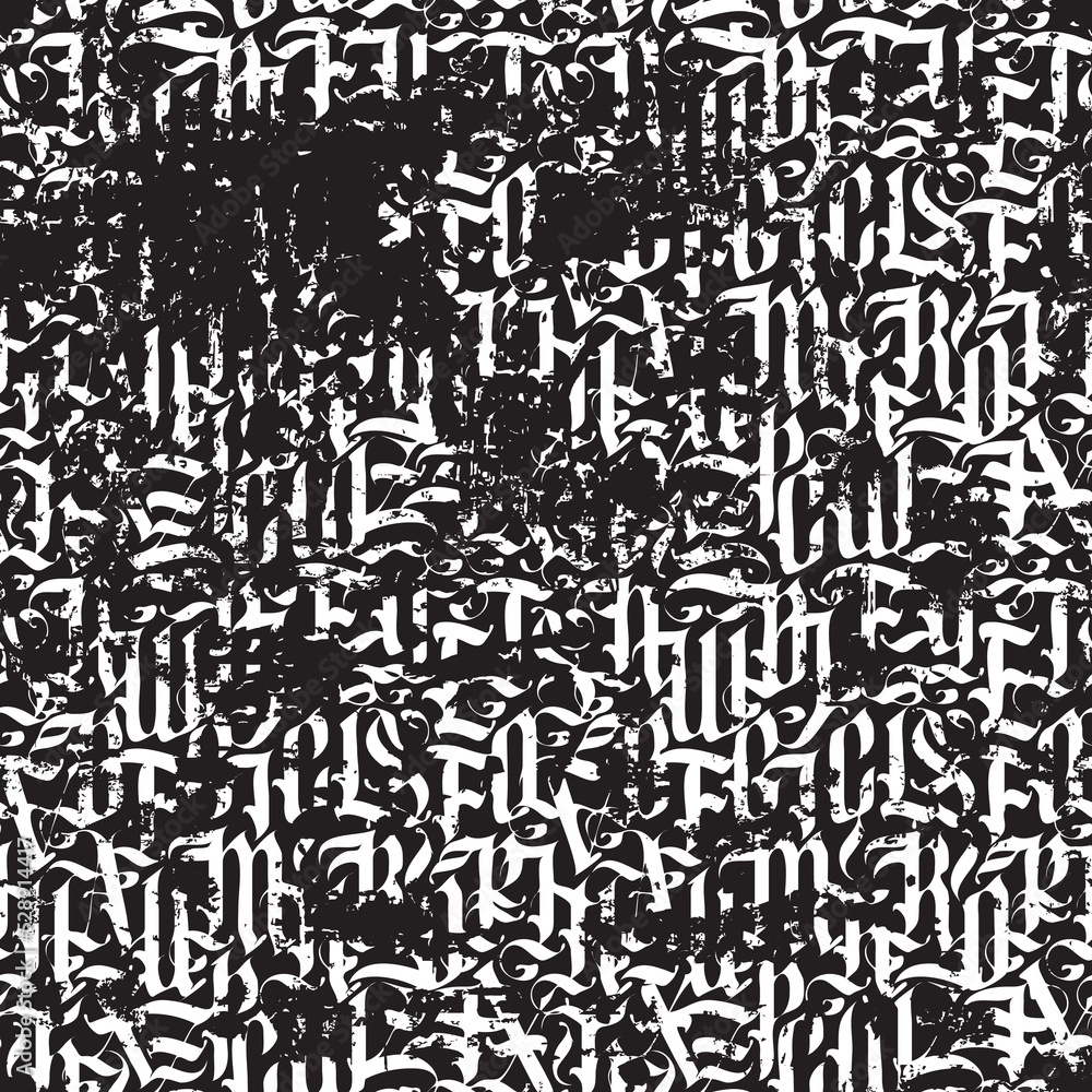 Seamless pattern of ornate Gothic letters. Monochrome repeating background with ancient Latin letters scratched, dirty backdrop. Vector texture, Wallpaper, wrapping paper or fabric in vintage style Seamless pattern of ornate Gothic letters. Monochrome repeating background with ancient Latin letters scratched, dirty backdrop. Vector texture, Wallpaper, wrapping paper or fabric in vintage style