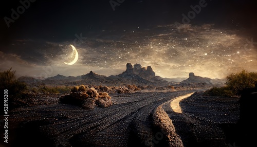Obraz na płótnie Desert landscape with road, rocks and cacti at night.