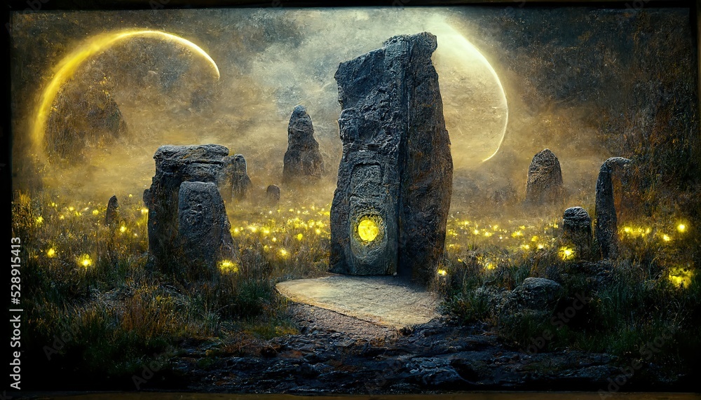 Magic portal in a stone frame at night. Stock Illustration | Adobe Stock
