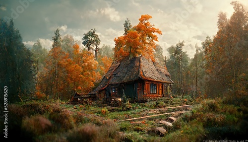 Fotografiet Forest with a house in the meadow