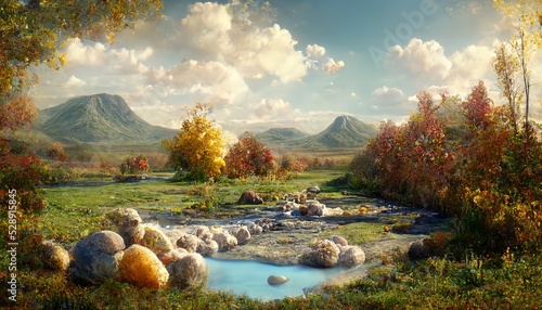 Fotografiet Autumn mountain landscape with a pond, a yellow field and rocks under a blue sky