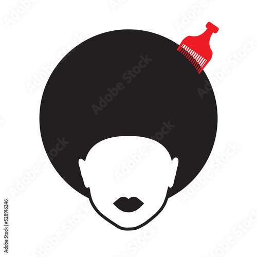 Icon of a woman with an Afro hairstyle and a comb in her hair. Black silhouette of a woman's head with a red silhouette of a comb. Vector illustration isolated on a white background.