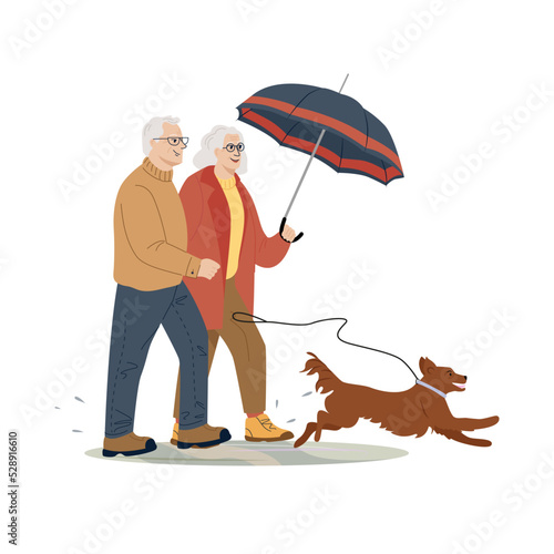 Smiling elderly couple spends time outdoors with dog. Vector cartoon illustration of a happy elderly man and woman walking with umbrella isolated on white. Family enjoying promenade with pet