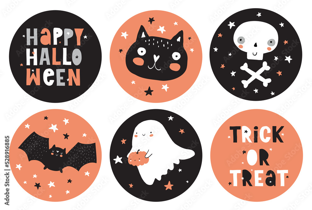 Obraz premium Halloween Party Stickers. Round Cake Toppers with Cat, White Skull, Bat and Cute Ghost on a Black and Orange Background. Handwritten Happy Halloween and Trick or Treats. Halloween Vector Prints.