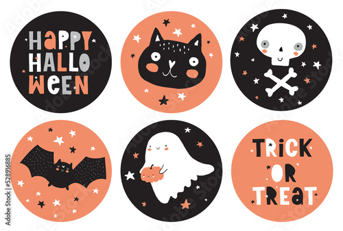 Halloween Party Stickers. Round Cake Toppers with Cat, White Skull, Bat and Cute Ghost on a Black and Orange Background. Handwritten Happy Halloween and Trick or Treats. Halloween Vector Prints.