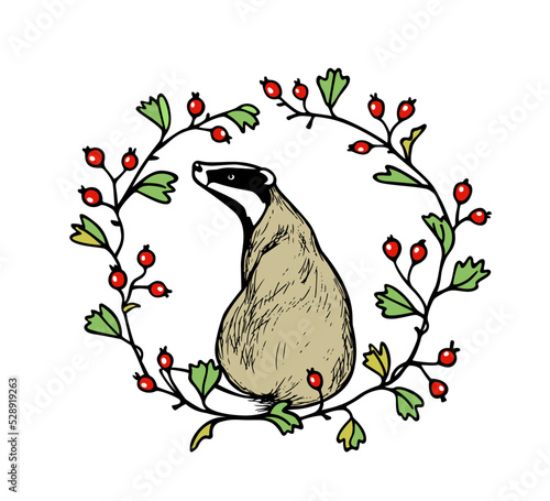 Vector card with hand drawn sweet sitting badger in floral barberry wreath. Ink drawing, graphic style. Perfect design elements, animal illustration