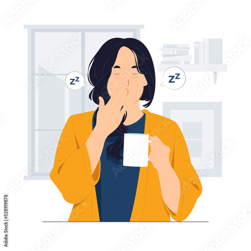Woman holding cup of tea or coffee in hand at morning, sleepy and tired, wants to sleep, while yawning. Night Owl type concept illustration