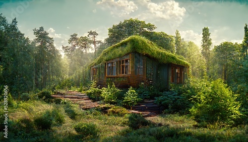 Fotografiet Wooden house in the summer forest, green trees and grass.
