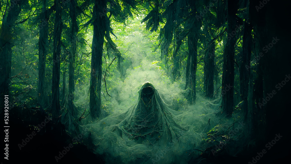 Poster, Foto Spooky Scary Misty Ancient Spirit of Mystical Forest Fantasy 3D Art Illustration