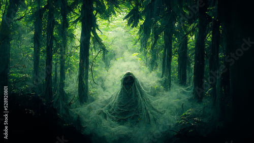 Foto Spooky Scary Misty Ancient Spirit of Mystical Forest Fantasy 3D Art Illustration