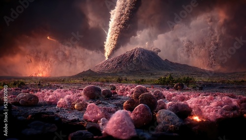 Fotografija Meteor shower and erupting volcano, rocks and lava all around under sky with deep pink clouds
